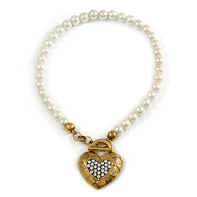 White Simulated Glass Pearl With Crystal Heart Pendant Necklace With T-Bar Closure In Gold Tone - 42cm Length - main view