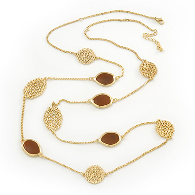 Long Stylish Brown Enamel Flower Necklace In Gold Plating - 104cm Length/ 5cm Extension - main view