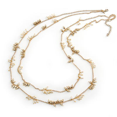 2 Strand White Glass & Gold Acrylic Bead Long Necklace In Gold Plating - 90cm Length/ 6cm Extension - main view