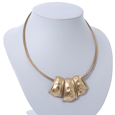 Ethnic Brushed Gold Hammered Square Pendant Wire Choker Necklace - 38cm Length - main view