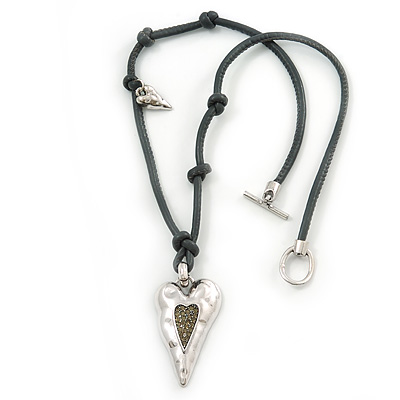 Long Grey Leather Cord Necklace With Contemporary Heart Pendant In Rhodium Plating - 80cm Length - main view