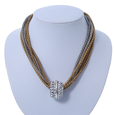 Two Tone Mesh Chain With Crystal Ring Necklace - 36cm Length/ 6cm Extension - main view