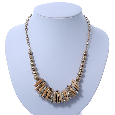Contemporary Wood, Diamante Metal Rings Bead Necklace In Gold Plating - 42cm Length/ 7cm Extension - main view