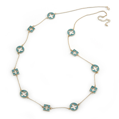 Long Stylish Round & SquareTeal Enamel Station Necklace In Gold Plating - 94cm Length/ 8cm Extension - main view