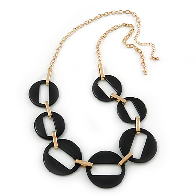 Long Open Round Black Resin Bead Necklace In Gold Plating - 70cm Length/ 6cm Extension - main view
