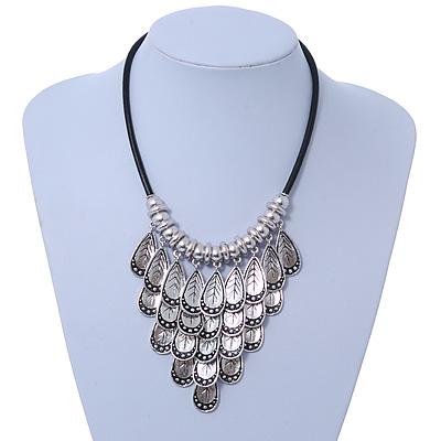 Ethnic Metal 'Leaf' Bib Style Necklace With Black Leather Cord In Antique Silver Tone - 38cm Length/ 5cm Extension - main view