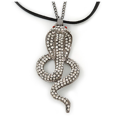 Gold Plated Crystal 'Cobra' Pendant With Black Suede Cord & Black Tone Chain - 70cm Length - main view