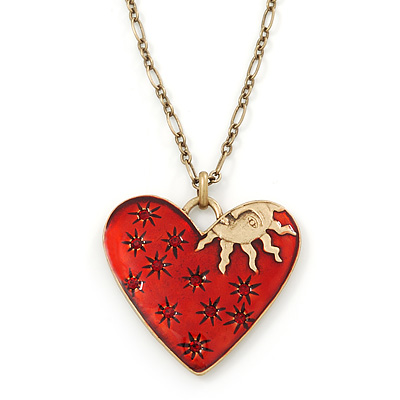 Red Enamel Crystal Heart Pendant With Gold Tone Long Chain - 70cm Length/ 7cm Extension - main view