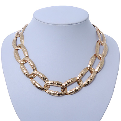 Chunky Gold Plated Hammered Oval Link Choker Necklace - 36cm Length - main view