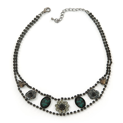 Victorian Style Black/ Green Crystal Choker Necklace In Gun Metal Finish - 26cm L/ 6cm Ext - main view