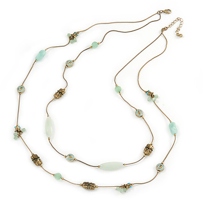 Vintage Inspired Two Strand Light Green Bead Necklace In Bronze Tone Metal - 68cm L/ 5cm Ext - main view