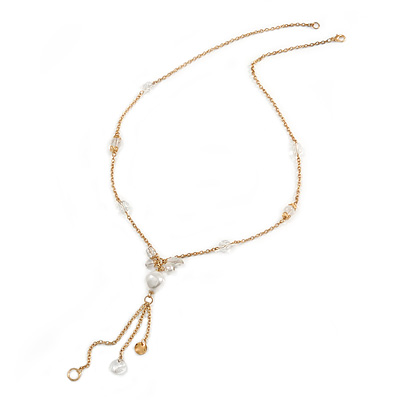 Gold Plated Chain with White, Transparent Acrylic Bead Necklace with Tassel - 60cm L/ 11cm L (Tassel)