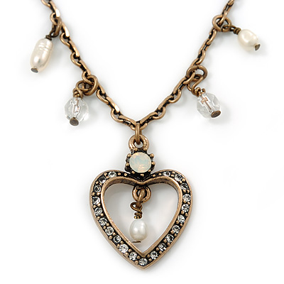 Vintage Inspired Crystal Open Heart Pendant With Bronze Tone Beaded Chain - 38cm L/ 6cm Ext - main view