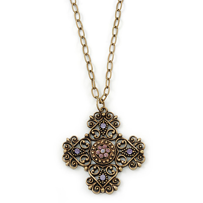 Victorian Style Bronze Tone Filigree Cross Pendant With Oval Chunky Chain Necklace - 44cm Length/ 6cm Extension - main view