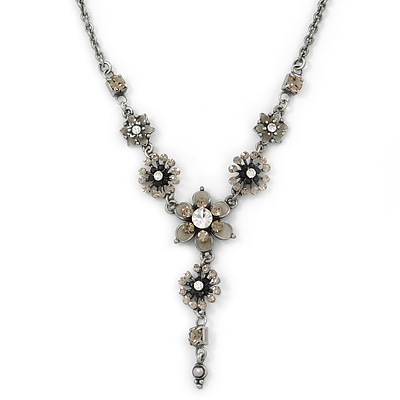 Vintage Inspired Grey Enamel, Crystal Floral V-Shape Necklace In Pewter Tone Metal - 38cm Length/ 6cm Extension - main view
