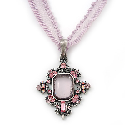 Victorian Style Filigree Pink Crystal Pendant With Pale Lavender Stretch Ribbon Choker Necklace In Burn Silver - 28cm Length/ 5cm Extension