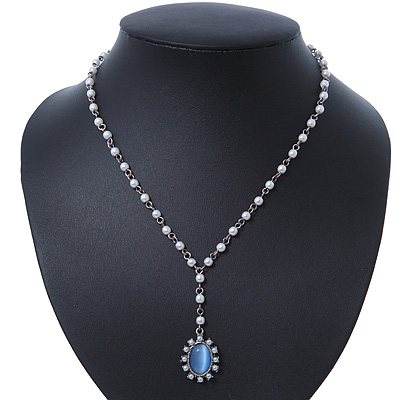 White Simulated Pearl Y-Shape Necklace With Blue Cat Eye Oval Pendant In Antique Silver Tone - 38cm Length/ 8cm Extension