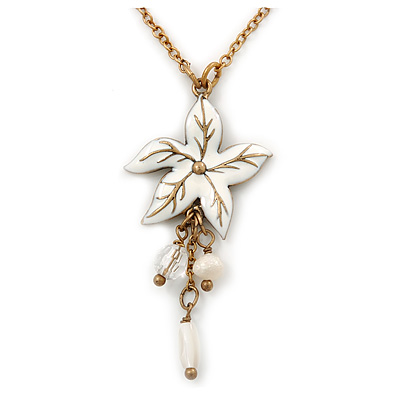 White Enamel 'Flower' With Beaded Tassel Pendant On Antique Gold Chain - 36cm Length/ 8cm Extension - main view
