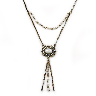 Vintage Inspired Imitation Pearl Square Tassel Pendant With 42cm L/ 4cm Ext Chain In Bronze Tone - main view