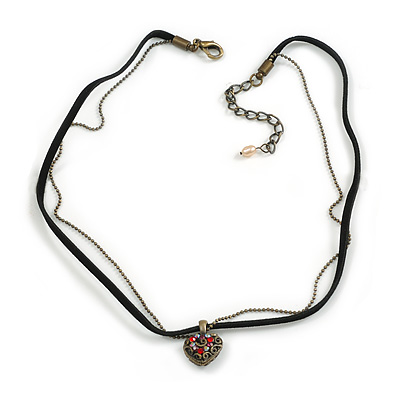 Small Filigree Red Crystal Heart With Black Suede, Bronze Tone Bead Chain - 36cm L/ 4cm Ext