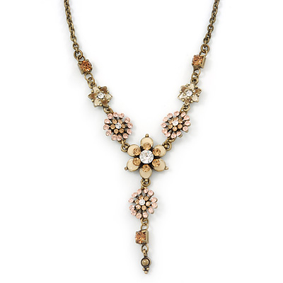 Vintage Inspired Pastel Enamel, Crystal Floral V-Shape Necklace In Bronze Tone Metal - 38cm Length/ 6cm Extension