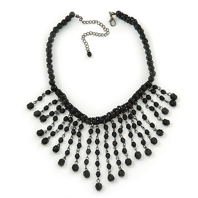 Chic Victorian/ Gothic/ Burlesque Black Bead Bib Style Choker Necklace - 28cm Length/ 8cm Extension