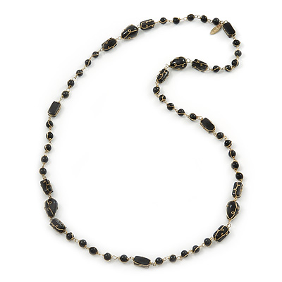 Black Glass, Ceramic Bead With Gold Tone Wire Long Necklace - 88cm L - main view