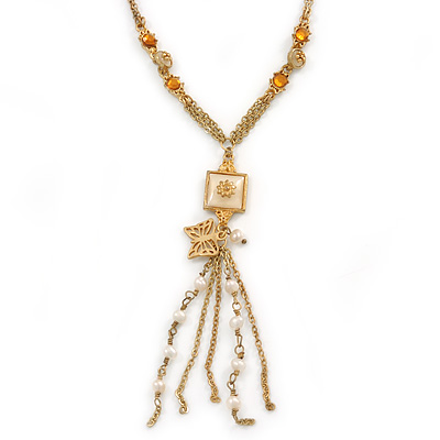 Vintage Inspired Butterfly, Simulated Pearl, Chain Tassel Necklace - 45cm L/ 5cm Ext/ 8cm Tassel - main view