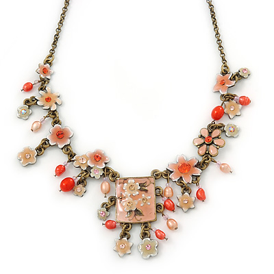 Vintage Inspired Light Coral Crystal, Enamel Flowers, Freshwater Pearls Charm Necklace In Bronze Tone - 38cm Length/ 8cm Extension - main view