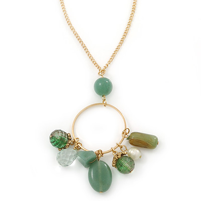 Green/ Olive Semiprecious Stone Charm Pendant With 50cm L/ 7cm Ext Gold Tone Chain - main view