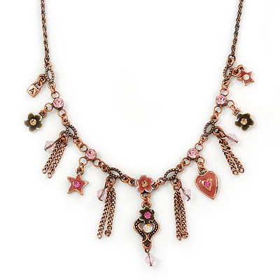 Vintage Inspired Pink Crystal, Enamel Charm Necklace In Bronze Tone - 38cm L/ 5cm Ext - main view