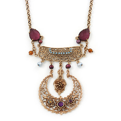 Vintage Inspired Filigree, Purple Stone, Freshwater Pearl Necklace In Gold Tone Metal - 36cm Length/ 4cm Extension - main view