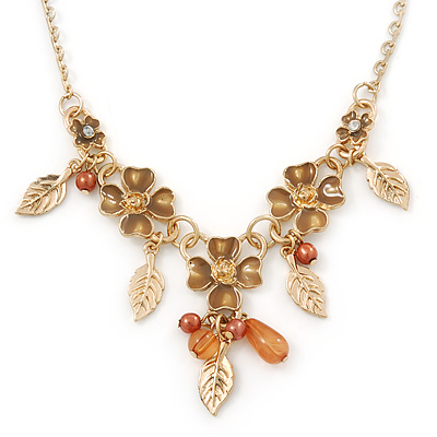 Beige Enamel Flower, Leaves, Bead Necklace In Gold Tone Metal - 38cm L/ 6cm Ext - main view