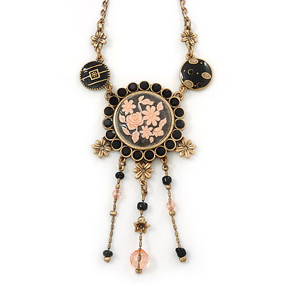 Vintage Inspired Black Crystal, Enamel Floral Medallion Pendant Necklace In Burn Gold Metal - 36cm Length/ 8cm Extension - main view