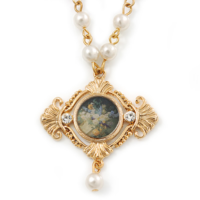 Victorian Style Floral Pendant With Gold Tone Beaded Chain - 56cm L/ 5cm Ext - main view