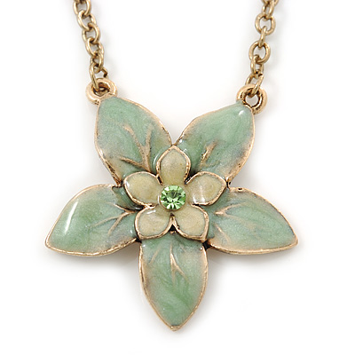 Mint Green Enamel Flower Pendant With Gold Tone Chain - 36cm Length/ 7cm Extension - main view