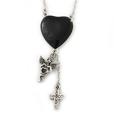 Vintage Inspired Heart, Angel, Cross Charm Necklace In Burn Silver Finish - 36cm Length/ 7cm Extension - main view