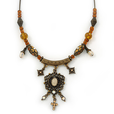 Victorian Style Filigree Bead Heart Pendant On Bronze Tone Flex Metal Cord Necklace - 36cm Length/ 6cm Extension