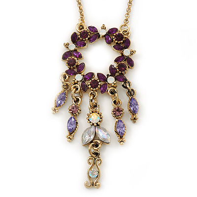 Vintage Inspired Purple Diamante Round Pendant With Dangles Gold Tone Chain Necklace - 38cm Length/ 7cm Extension - main view