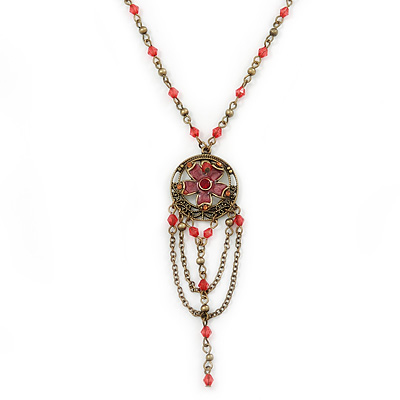 Cranberry Red Enamel Floral, Bead, Chain Pendant With 40cm L/ 7cm Ext Bronze Tone Acrylic Bead Chain - main view