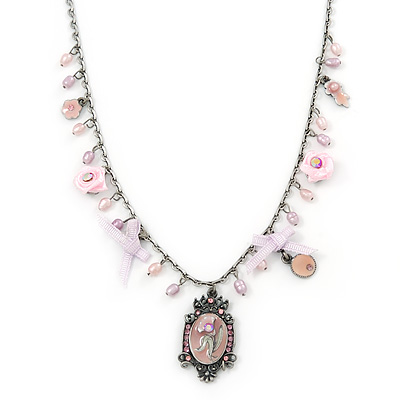 Vintage Inspired Enamel Floral Medallion With Pink Freshwater Pearl, Bows, Roses Chain In Pewter Tone - 40cm L/ 7cm Ext - main view