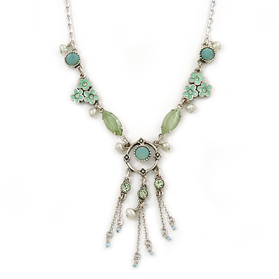 Light Green Enamel, Crystal, Floral Tassel Necklace In Silver Tone - 38cm L/ 5cm Ext
