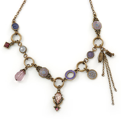 Victorian Style Crystal, Acrylic, Enamel Bead Charm Necklace In Bronze Tone (Pink, Violet) - 40cm Length/ 7cm Extension - main view