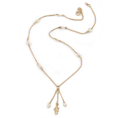 Delicate White Acrylic Bead Gold Tone Chain Necklace with Tassel - 50cm L - main view