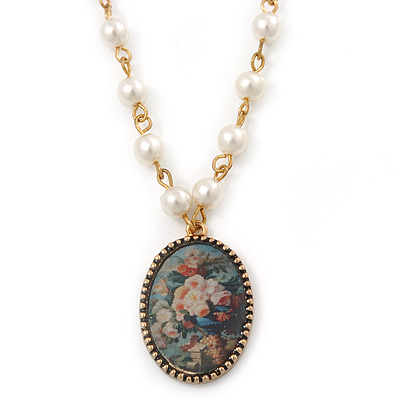Floral Cameo Medallion Pendant On Faux Pearl Chain With T- Bar Closure In Gold Tone - 38cm L - main view