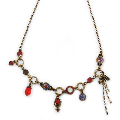 Victorian Style Crystal, Acrylic, Enamel Bead Charm Necklace In Bronze Tone (Red, Violet) - 40cm L/ 7cm Ext - main view