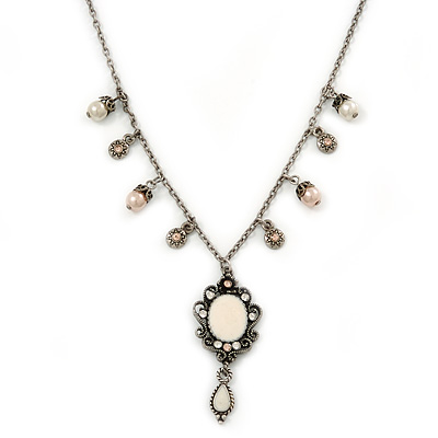 Vintage Inspired Filigree Charm Pendant With 44cm L/ 6cm Ext Pewter Tone Beaded Chain - main view