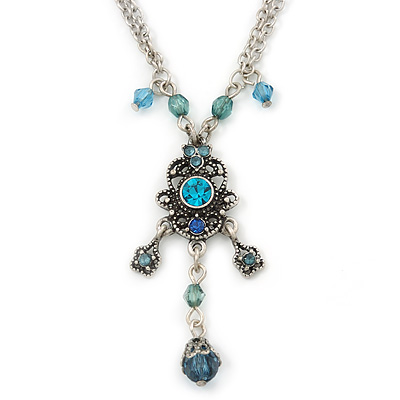 Vintage Inspired Blue Crystal, Filigree Pendant With Silver Tone Chain - 38cm L/ 5cm Ext - main view