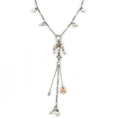 Vintage Inspired White Enamel Heart, Freshwater Pearl, Flower Charms Necklace With Long Tassel In Silver Tone - 36cm L/ 5cm Ext - main view