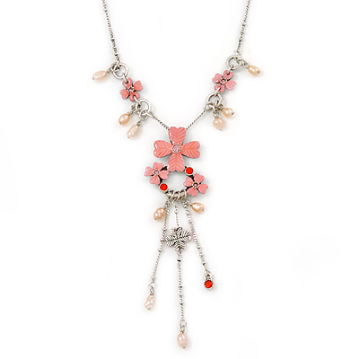 Pink Enamel Floral, Freshwater Pearl Necklace In Silver Tone - 38cm L/ 5cm Ext - main view
